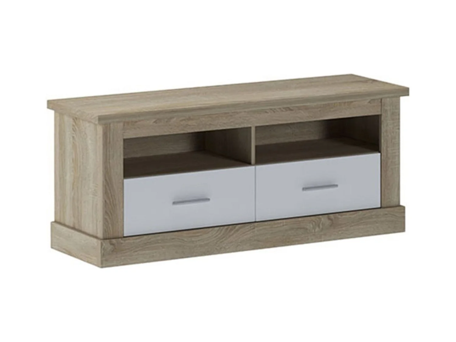 Mueble TV, Mueble de Salón Moderno, Mesa de televisión 2 Puertas y 2 Estantes, Acabado en Cambria y Blanco, Patas de Madera,  135 cm Lar x 56,6 cm Al
