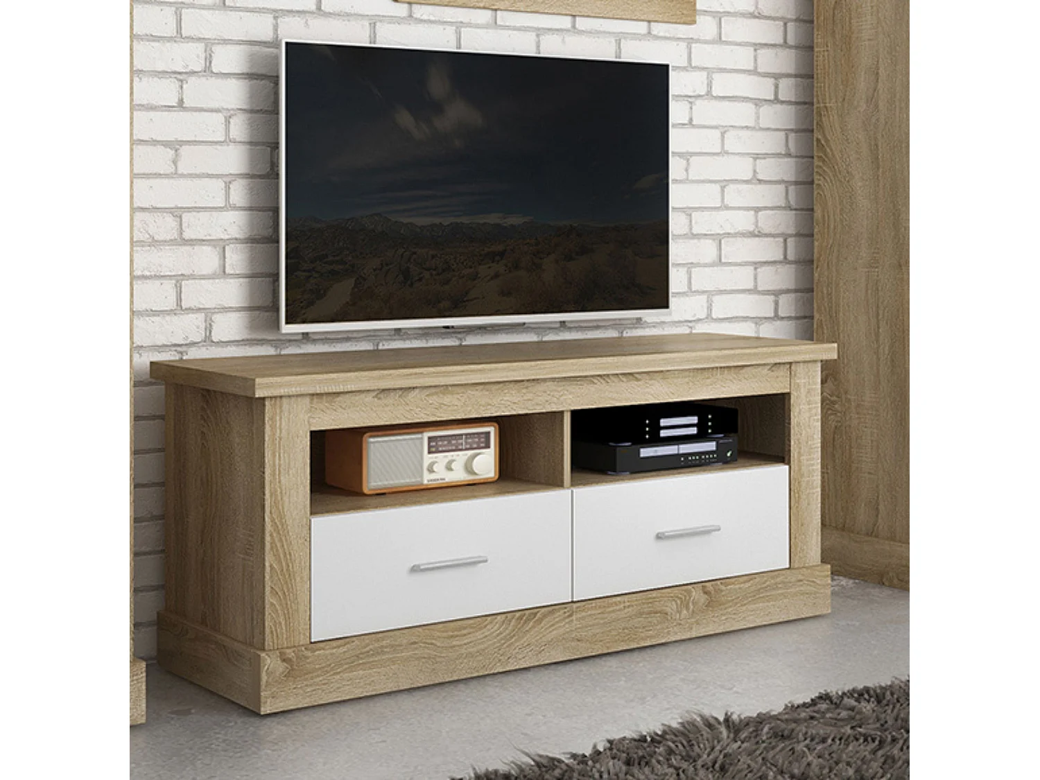 Mueble TV, Mueble de Salón Moderno, Mesa de televisión 2 Puertas y 2 Estantes, Acabado en Cambria y Blanco, Patas de Madera,  135 cm Lar x 56,6 cm Al