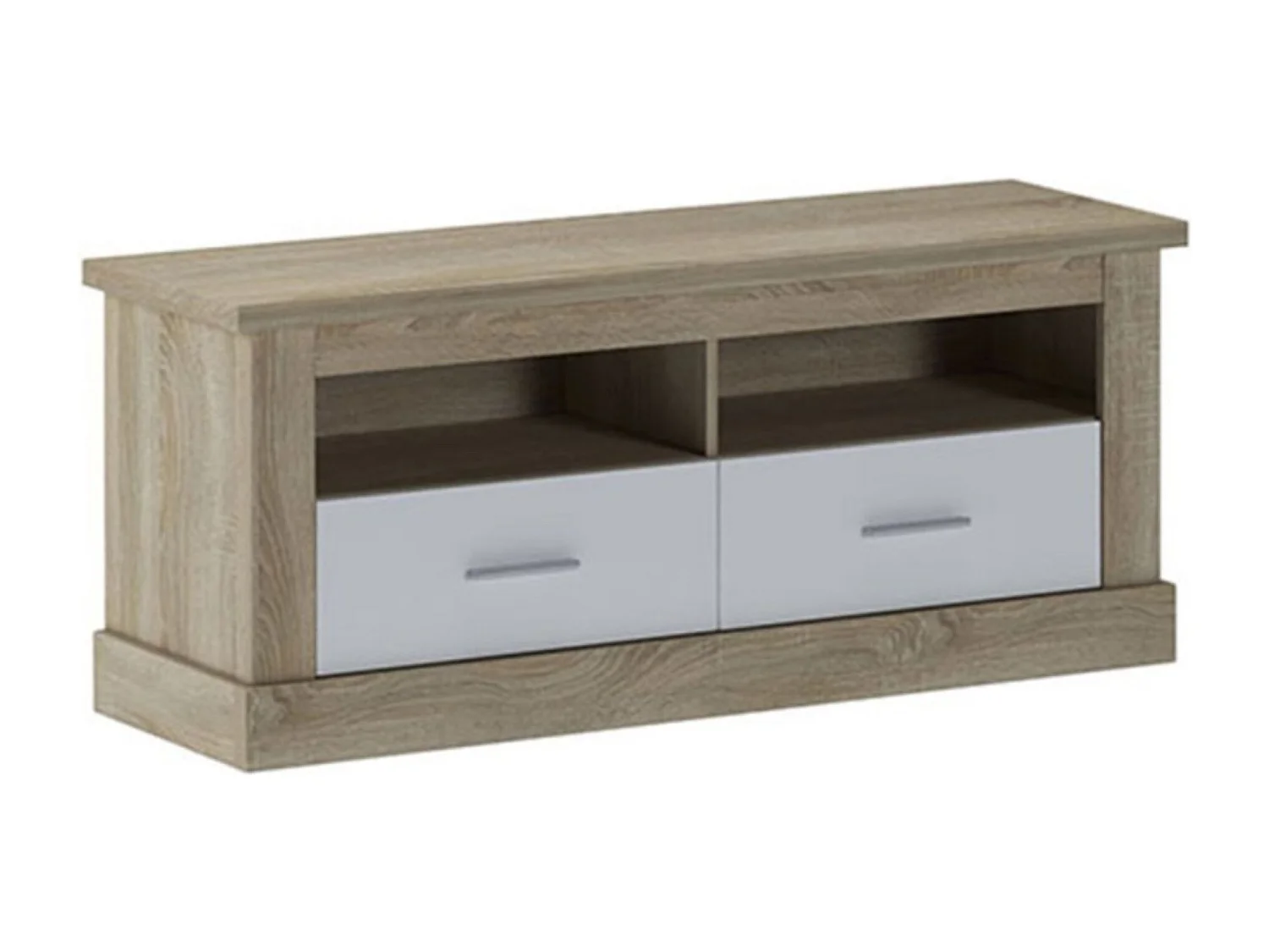 Mueble TV, Mueble de Salón Moderno, Mesa de televisión 2 Puertas y 2 Estantes, Acabado en Cambria y Blanco, Patas de Madera,  135 cm Lar x 56,6 cm Al