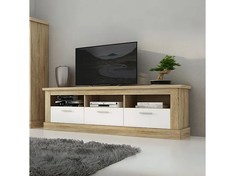 Mueble TV, Mueble de Salón Moderno, Mesa de televisión 3 Puertas y 3 Estantes, Acabado en Cambria y Blanco, Patas de Madera,180 cm Lar x 56,6 cm Al x