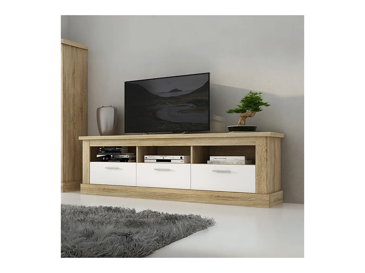 Mueble TV, Mueble de Salón Moderno, Mesa de televisión 3 Puertas y 3 Estantes, Acabado en Cambria y Blanco, Patas de Madera,180 cm Lar x 56,6 cm Al x