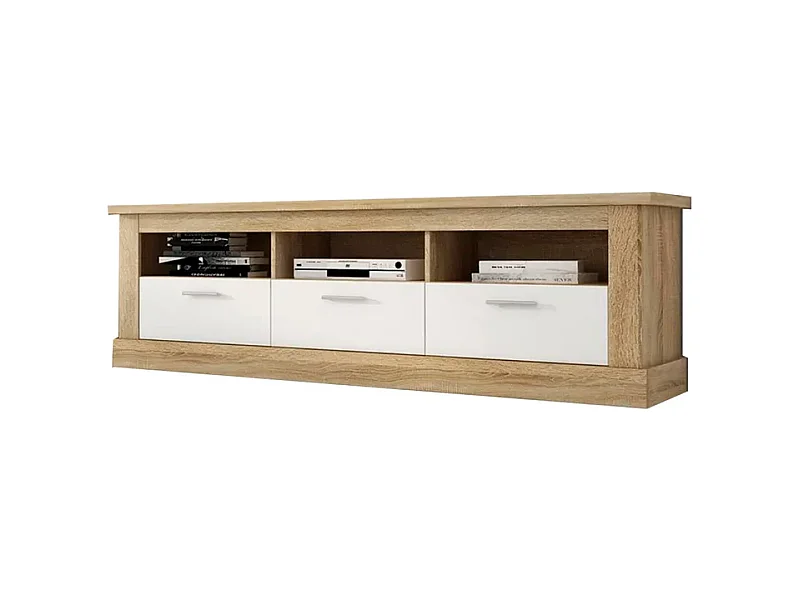 Mueble TV, Mueble de Salón Moderno, Mesa de televisión 3 Puertas y 3 Estantes, Acabado en Cambria y Blanco, Patas de Madera,180 cm Lar x 56,6 cm Al x