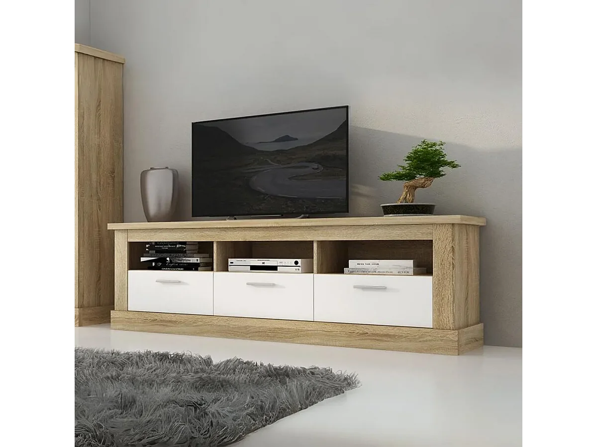 Mueble TV, Mueble de Salón Moderno, Mesa de televisión 3 Puertas y 3 Estantes, Acabado en Cambria y Blanco, Patas de Madera,180 cm Lar x 56,6 cm Al x