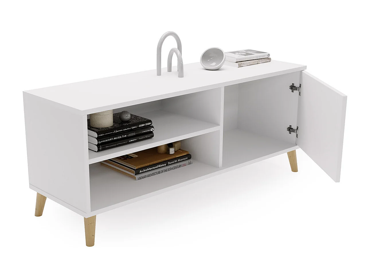 Mueble para Televisión Blanco – 110x51x35 cm – Estilo Escandinavo con Patas de Madera