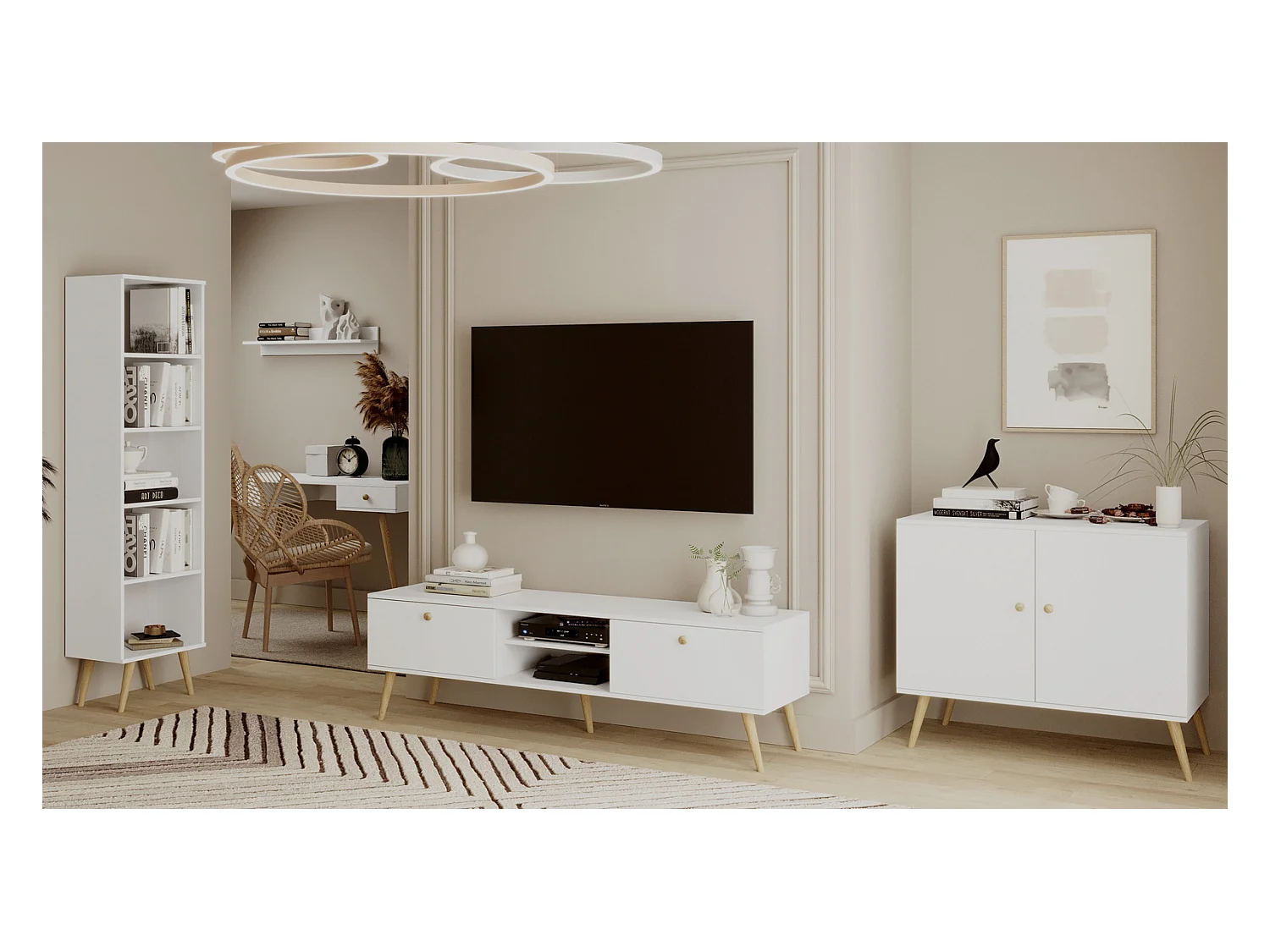 Mueble de Televisión Estilo Nórdico – Color Blanco, 170x50x41 cm – Funcional y Elegante