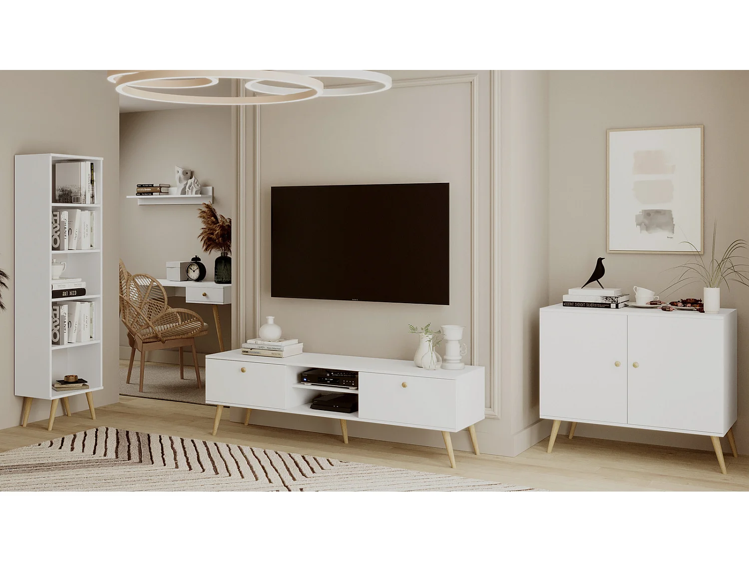 Mueble de Televisión Estilo Nórdico – Color Blanco, 170x50x41 cm – Funcional y Elegante