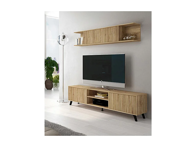 Mueble de TV de Diseño Nórdico + Modulo Alto, 2 Compartimentos de Almacenamiento y 2 Puertas,Mauvella Rayas, 49cm(Alto) x 180cm (Ancho) x 40cm (Fondo)