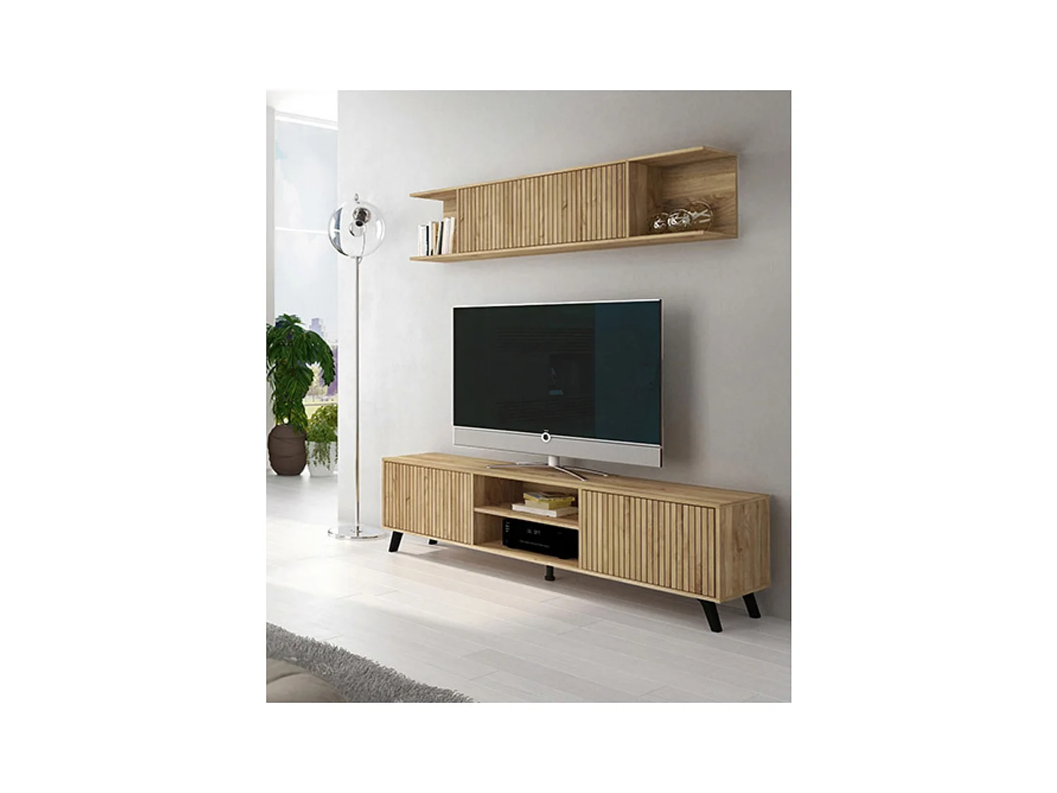 Mueble de TV de Diseño Nórdico + Modulo Alto, 2 Compartimentos de Almacenamiento y 2 Puertas,Mauvella Rayas, 49cm(Alto) x 180cm (Ancho) x 40cm (Fondo)