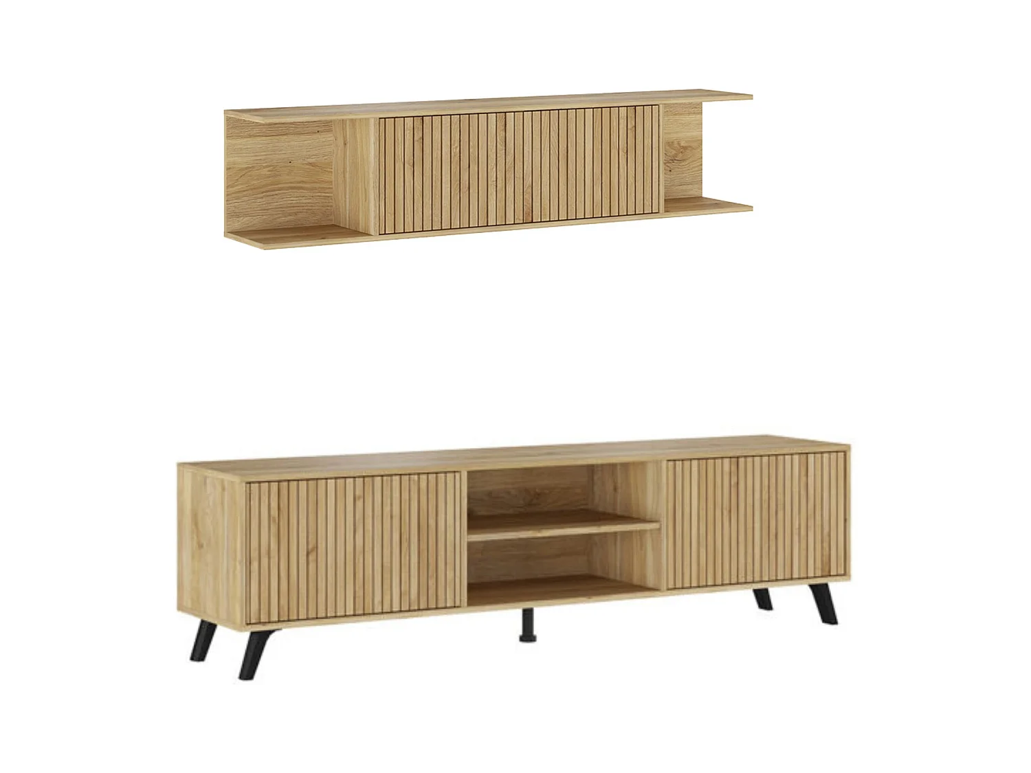 Mueble de TV de Diseño Nórdico + Modulo Alto, 2 Compartimentos de Almacenamiento y 2 Puertas,Mauvella Rayas, 49cm(Alto) x 180cm (Ancho) x 40cm (Fondo)