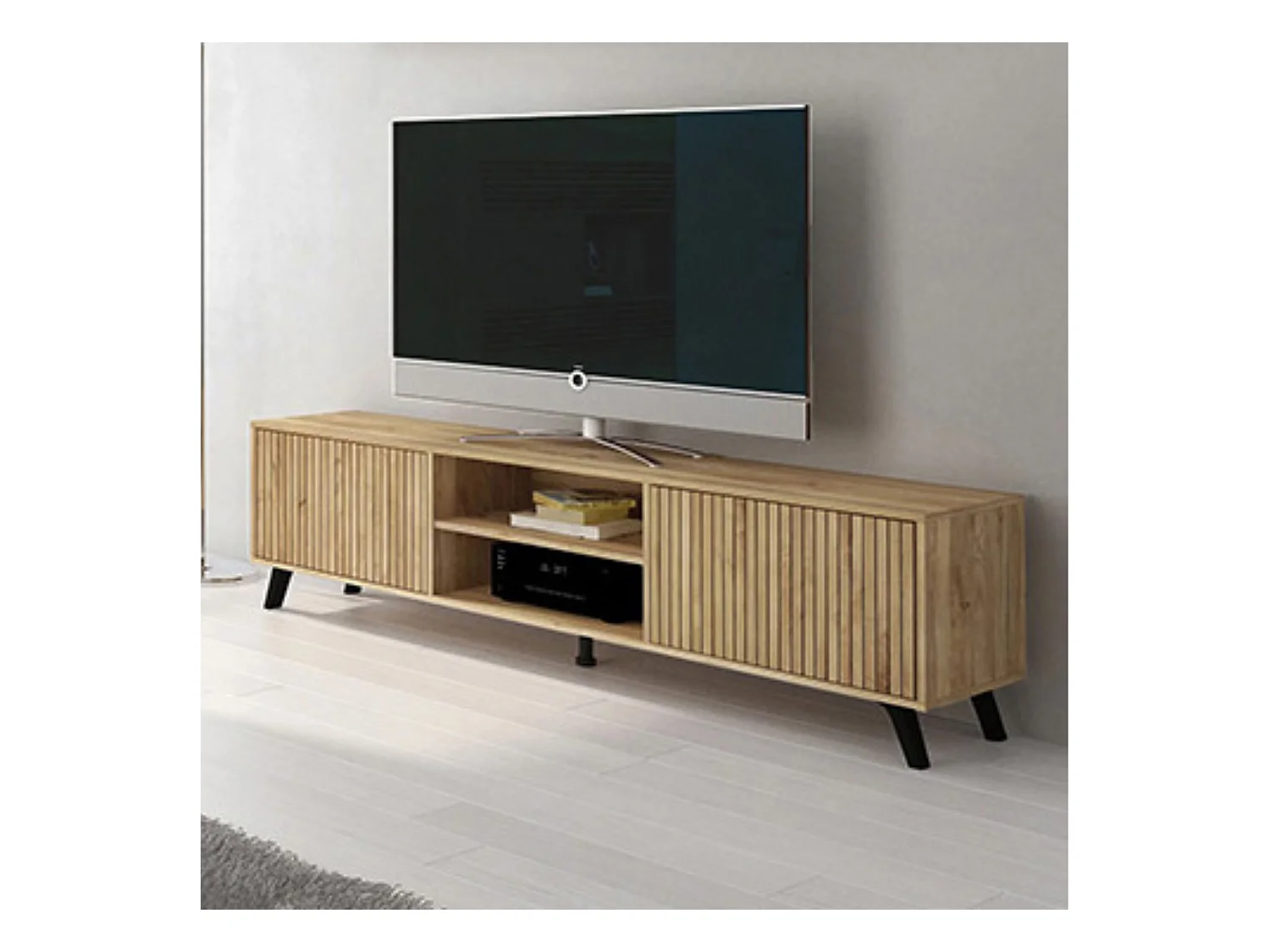 Mueble de TV de Diseño Nórdico + Modulo Alto, 2 Compartimentos de Almacenamiento y 2 Puertas,Mauvella Rayas, 49cm(Alto) x 180cm (Ancho) x 40cm (Fondo)