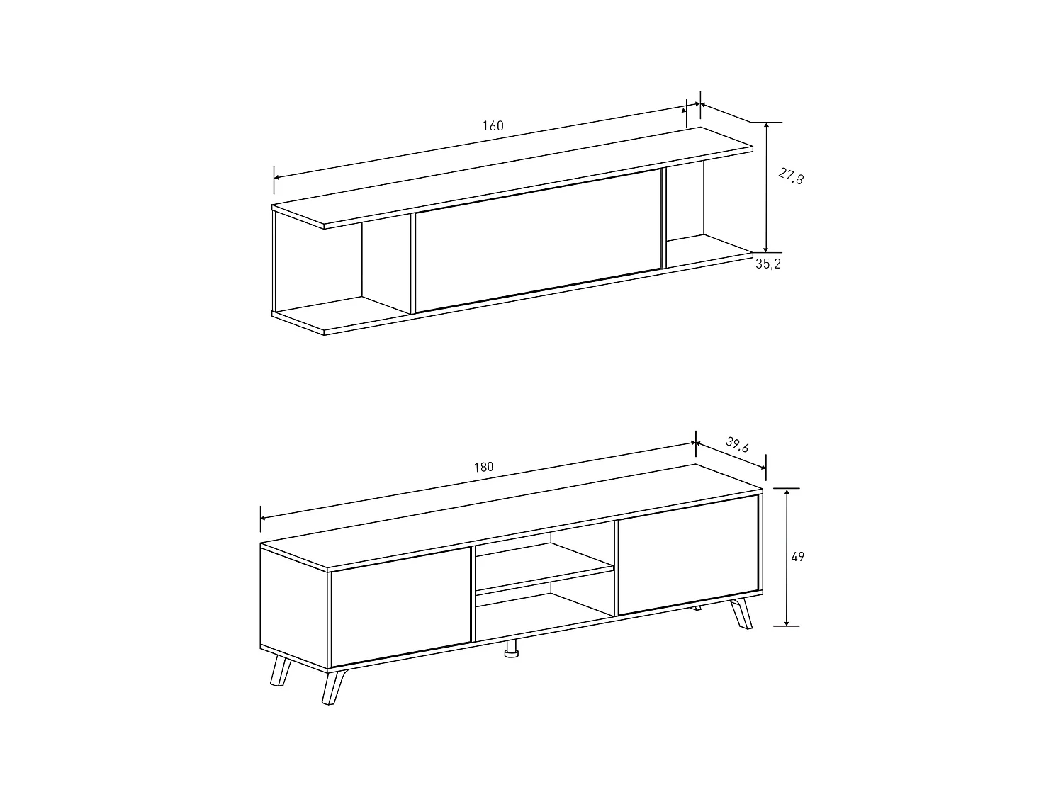 Mueble de TV de Diseño Nórdico + Modulo Alto, 2 Compartimentos de Almacenamiento y 2 Puertas,Mauvella Rayas, 49cm(Alto) x 180cm (Ancho) x 40cm (Fondo)