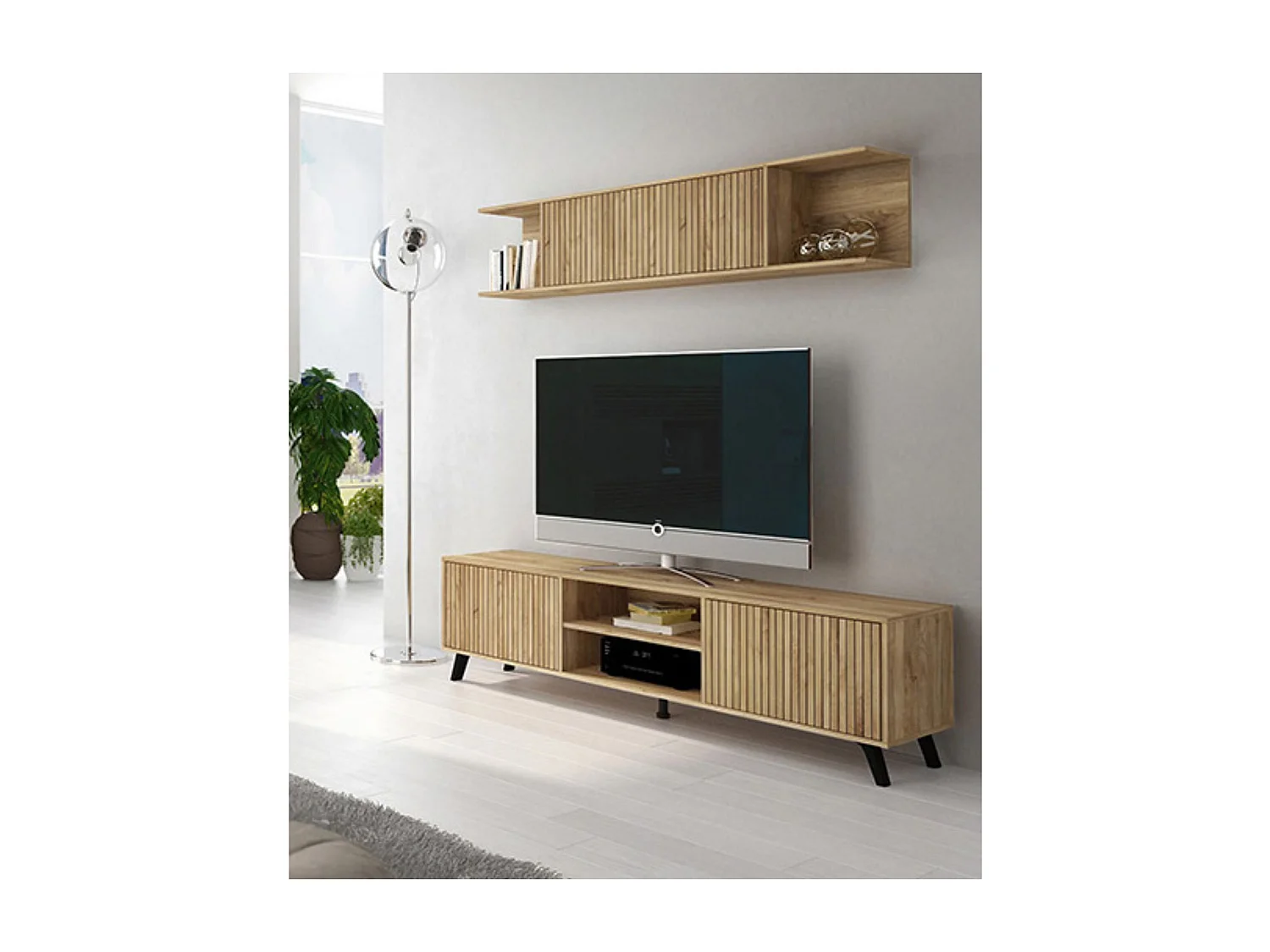 Mueble de TV de Diseño Nórdico + Modulo Alto, 2 Compartimentos de Almacenamiento y 2 Puertas,Mauvella Rayas, 49cm(Alto) x 180cm (Ancho) x 40cm (Fondo)
