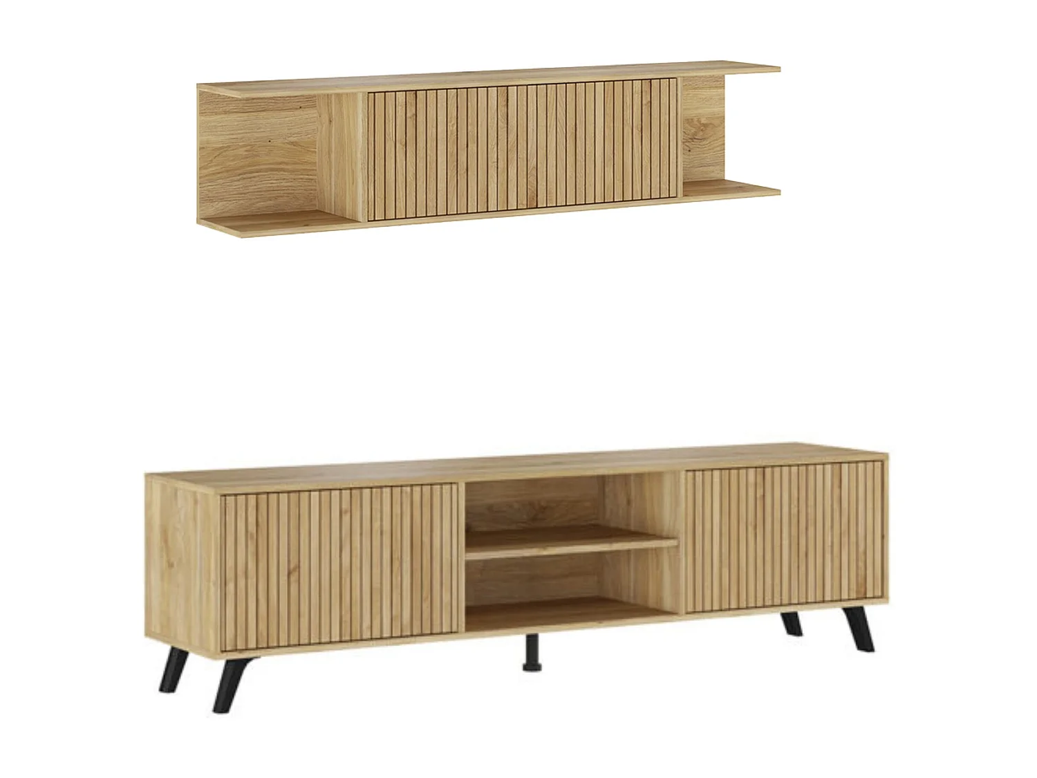 Mueble de TV de Diseño Nórdico + Modulo Alto, 2 Compartimentos de Almacenamiento y 2 Puertas,Mauvella Rayas, 49cm(Alto) x 180cm (Ancho) x 40cm (Fondo)