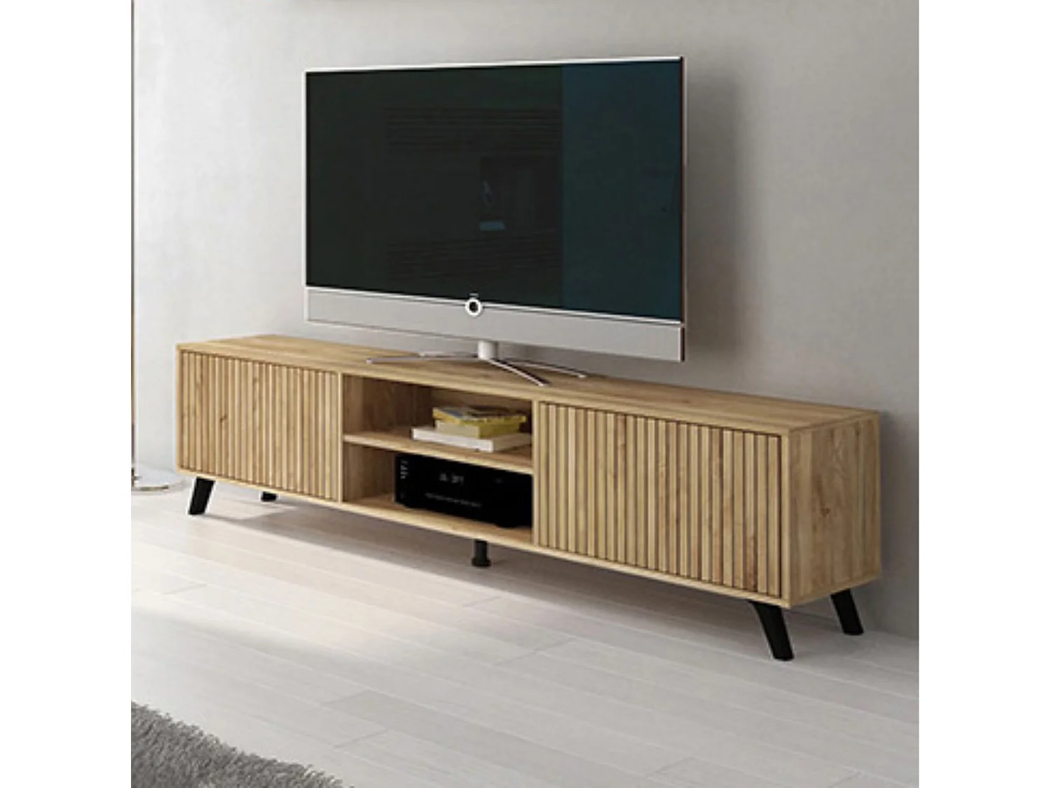 Mueble de TV de Diseño Nórdico + Modulo Alto, 2 Compartimentos de Almacenamiento y 2 Puertas,Mauvella Rayas, 49cm(Alto) x 180cm (Ancho) x 40cm (Fondo)