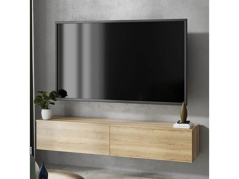 Mueble TV Roble Artesano – Montaje Dual (Pared o Suelo) – 160x30x32 cm – Apertura TIP-ON – Estilo Moderno