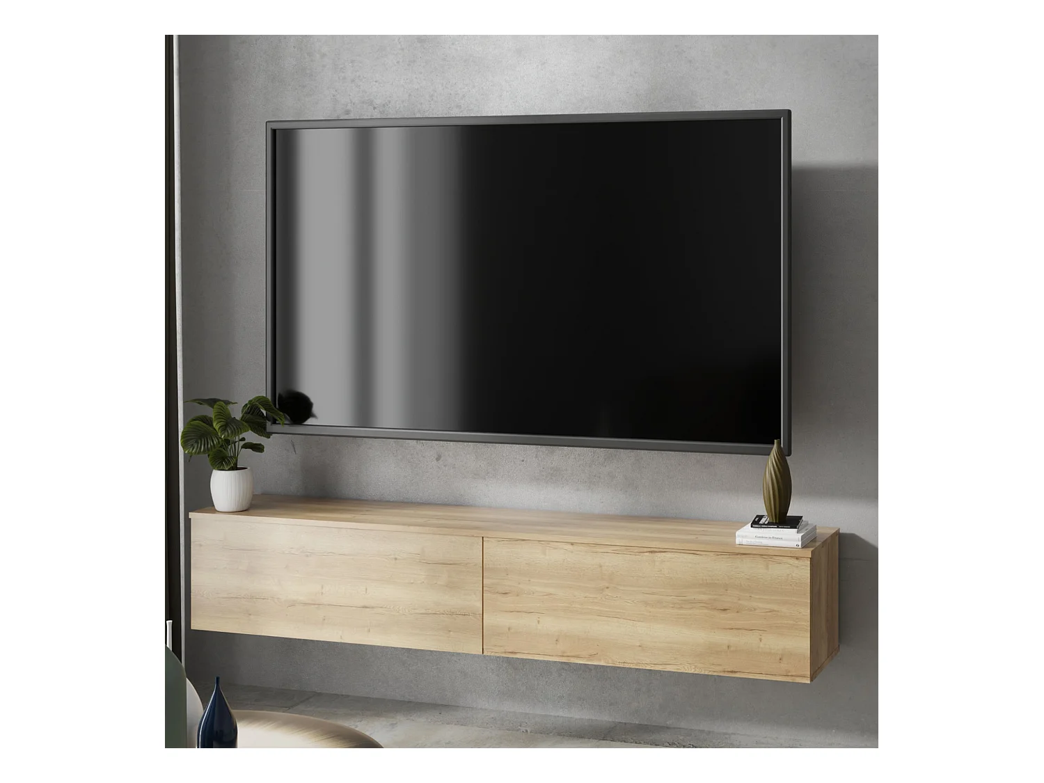 Mueble TV Roble Artesano – Montaje Dual (Pared o Suelo) – 160x30x32 cm – Apertura TIP-ON – Estilo Moderno