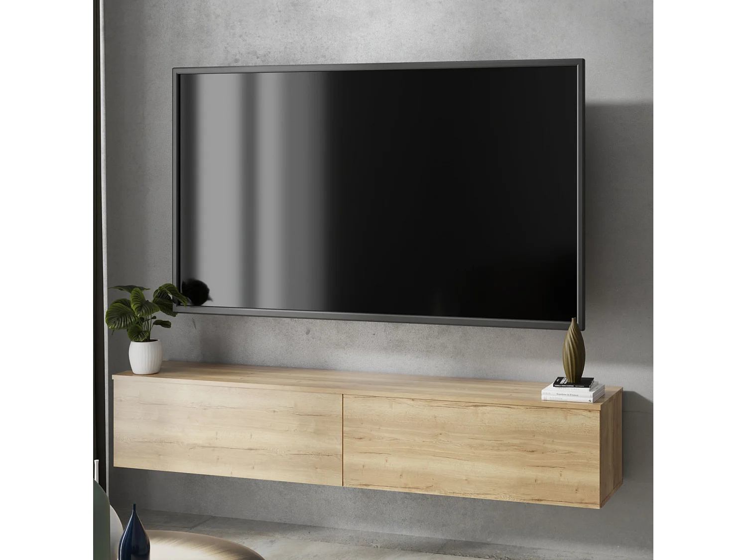 Mueble TV Roble Artesano – Montaje Dual (Pared o Suelo) – 160x30x32 cm – Apertura TIP-ON – Estilo Moderno