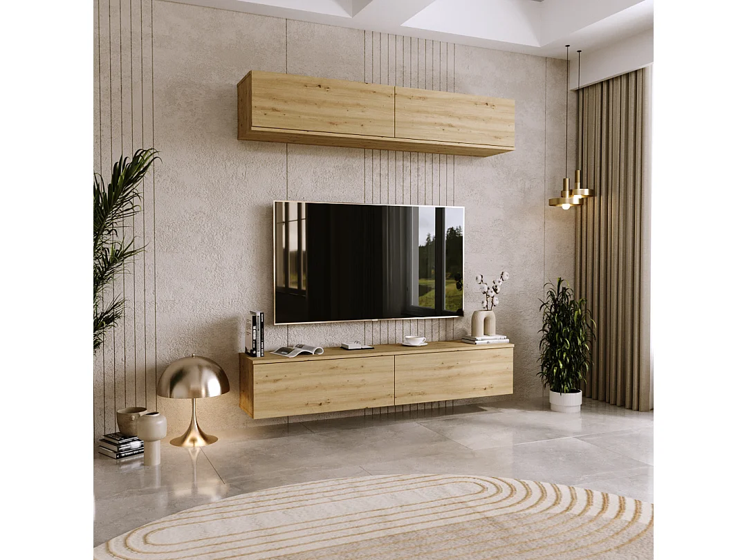 Mueble TV Roble Artesano – Montaje Dual (Pared o Suelo) – 160x30x32 cm – Apertura TIP-ON – Estilo Moderno