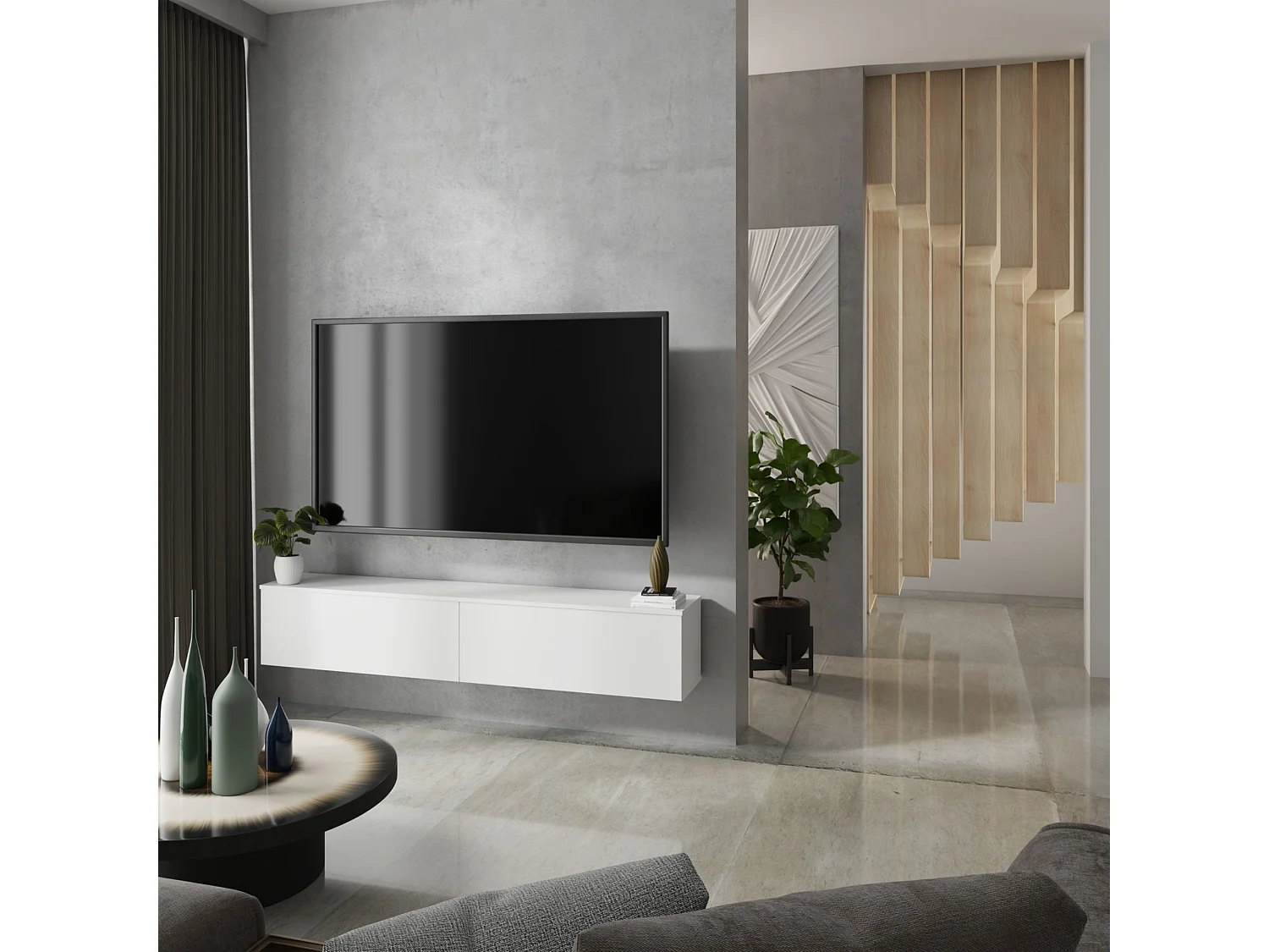 Mueble TV Blanco – Montaje Dual (Pared o Suelo) – 160x30x32 cm – Apertura TIP-ON – Estilo Moderno