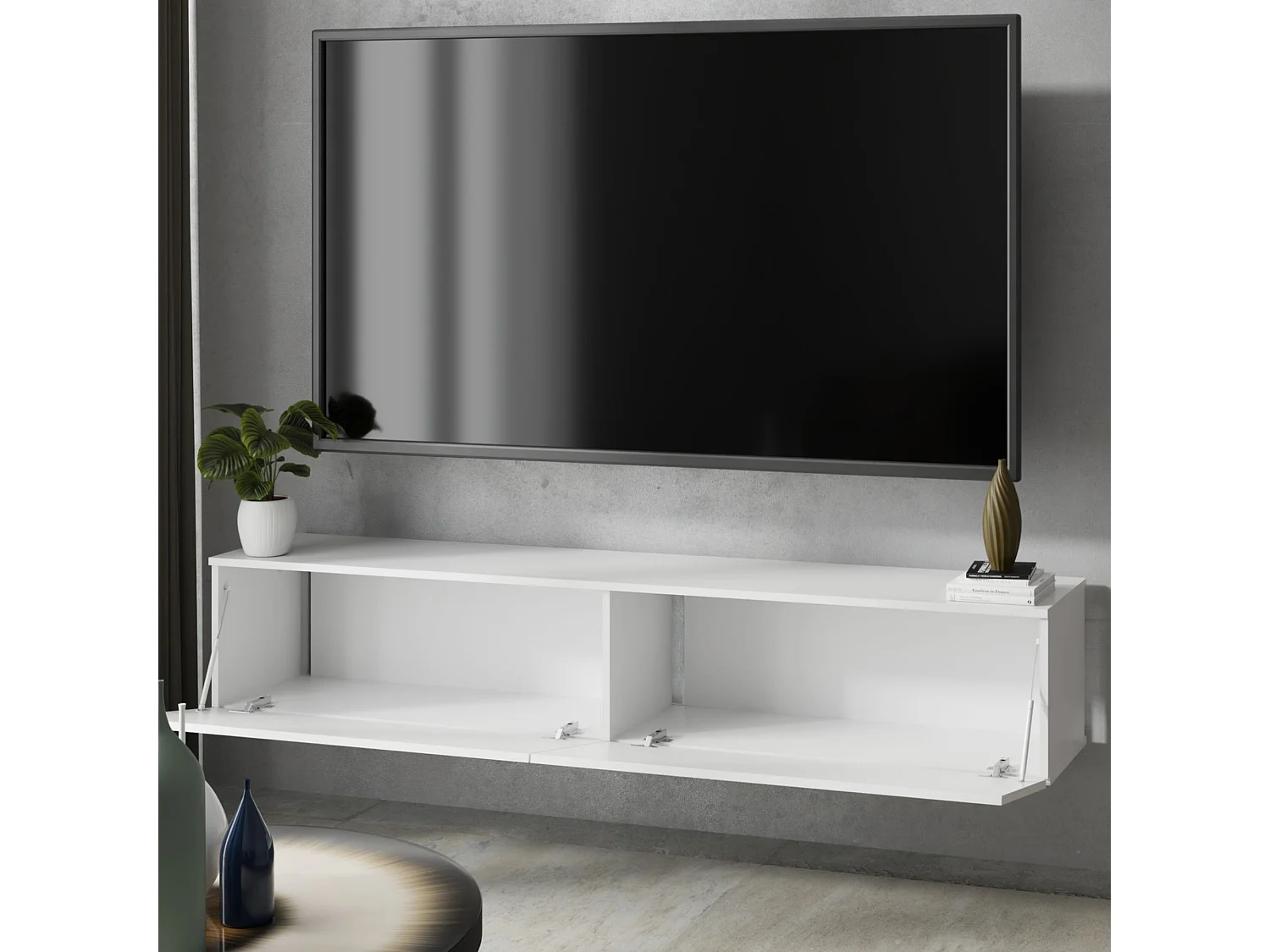 Mueble TV Blanco – Montaje Dual (Pared o Suelo) – 160x30x32 cm – Apertura TIP-ON – Estilo Moderno