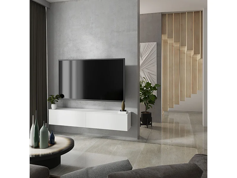 Mueble TV Blanco – Montaje Dual (Pared o Suelo) – 160x30x32 cm – Apertura TIP-ON – Estilo Moderno