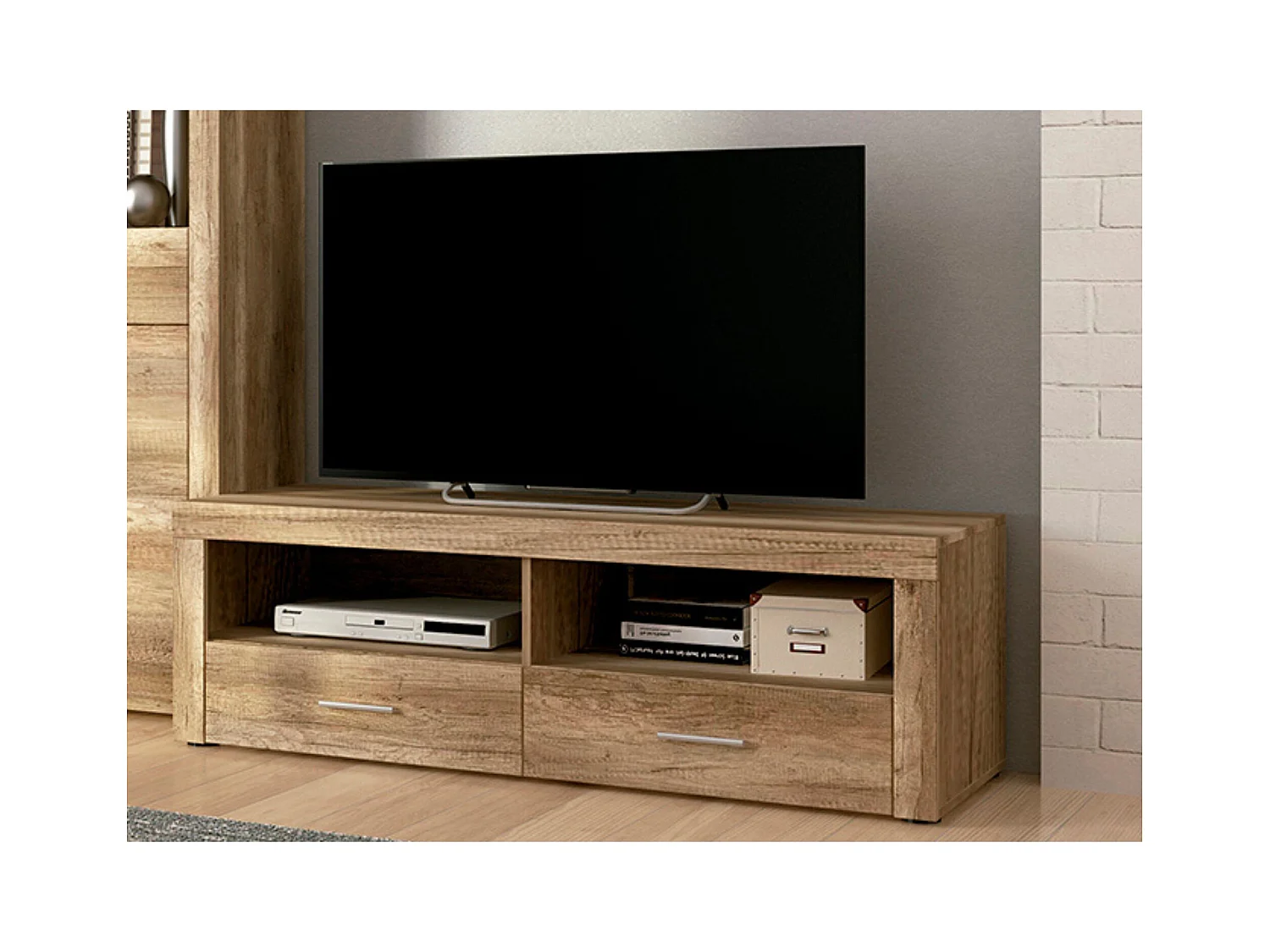 Mueble TV, Mueble de Salón Moderno, Mesa de televisión 2 Puertas y 2 Estantes, Acabado en Cañon, Patas de Madera,135 cm Lar x 45 cm Al x 41,4 cm Fon