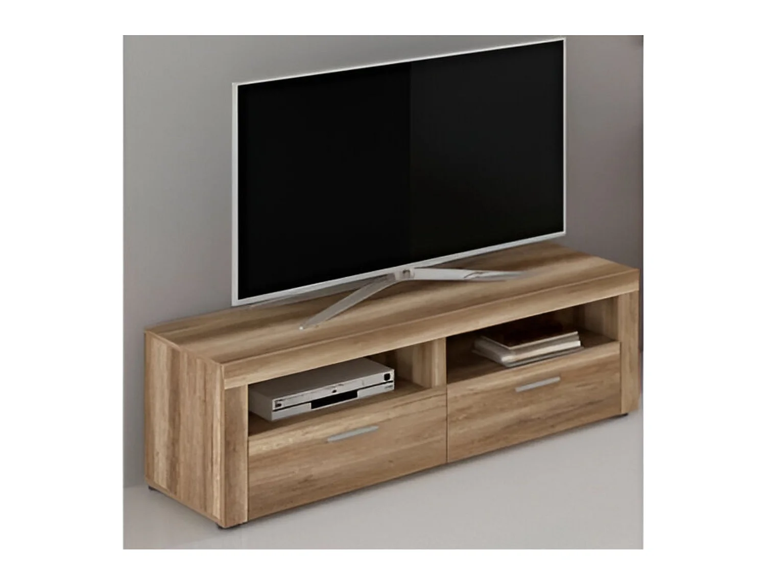 Mueble TV, Mueble de Salón Moderno, Mesa de televisión 2 Puertas y 2 Estantes, Acabado en Cañon, Patas de Madera,135 cm Lar x 45 cm Al x 41,4 cm Fon