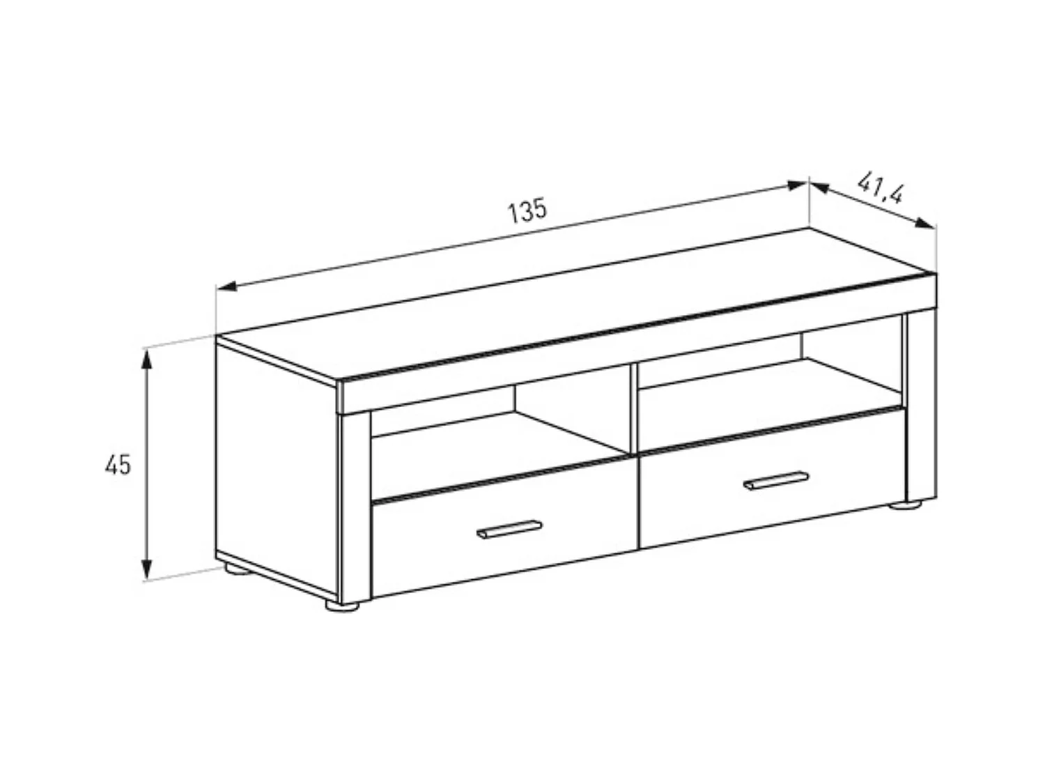 Mueble TV, Mueble de Salón Moderno, Mesa de televisión 2 Puertas y 2 Estantes, Acabado en Cañon, Patas de Madera,135 cm Lar x 45 cm Al x 41,4 cm Fon