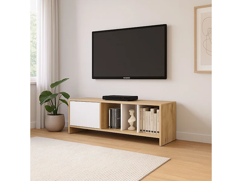 Módulo de TV con 1 Puerta – 140x40x40,5 cm, Color Roble Wotan y Blanco, Laminado Resistente, Diseño Moderno, Formato KIT