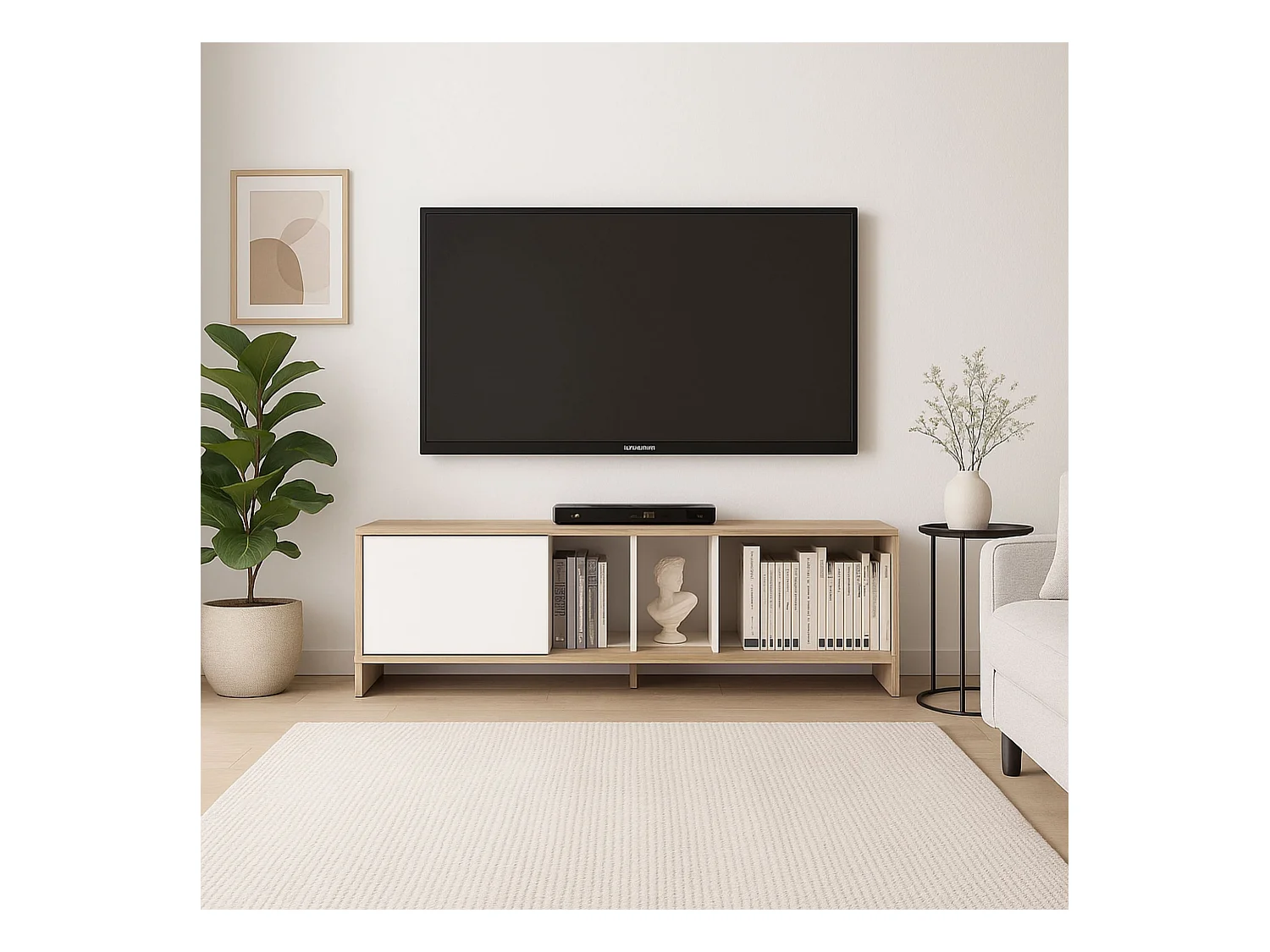 Módulo de TV con 1 Puerta – 140x40x40,5 cm, Color Roble Wotan y Blanco, Laminado Resistente, Diseño Moderno, Formato KIT