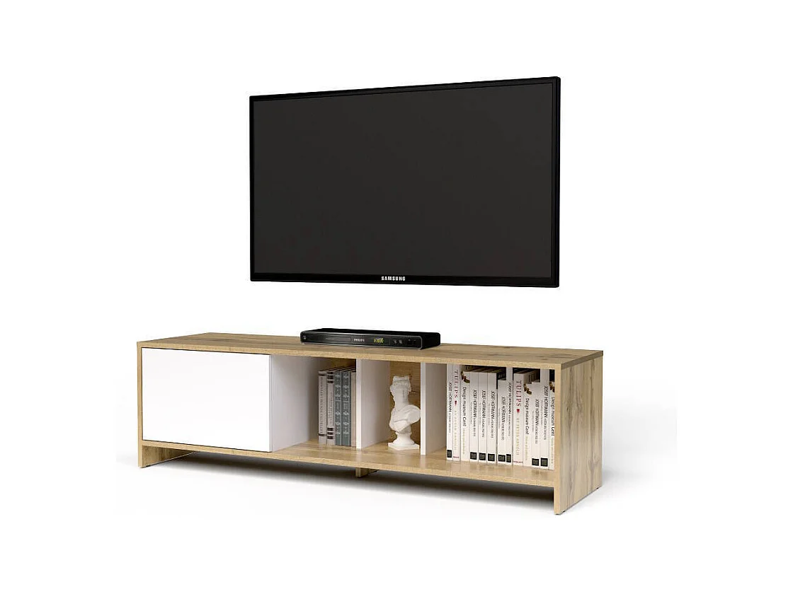 Módulo de TV con 1 Puerta – 140x40x40,5 cm, Color Roble Wotan y Blanco, Laminado Resistente, Diseño Moderno, Formato KIT