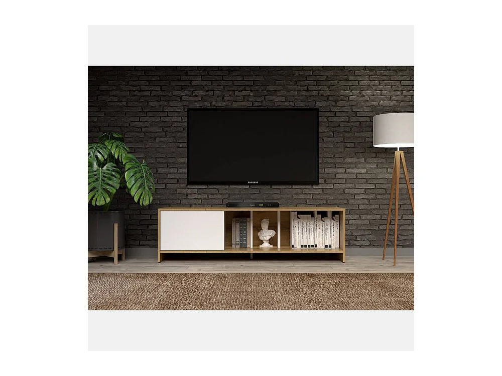 Módulo de TV con 1 Puerta – 140x40x40,5 cm, Color Roble Wotan y Blanco, Laminado Resistente, Diseño Moderno, Formato KIT