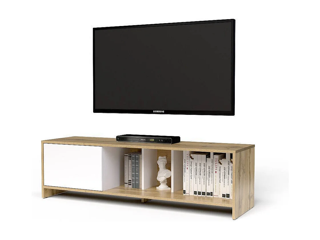 Módulo de TV con 1 Puerta – 140x40x40,5 cm, Color Roble Wotan y Blanco, Laminado Resistente, Diseño Moderno, Formato KIT