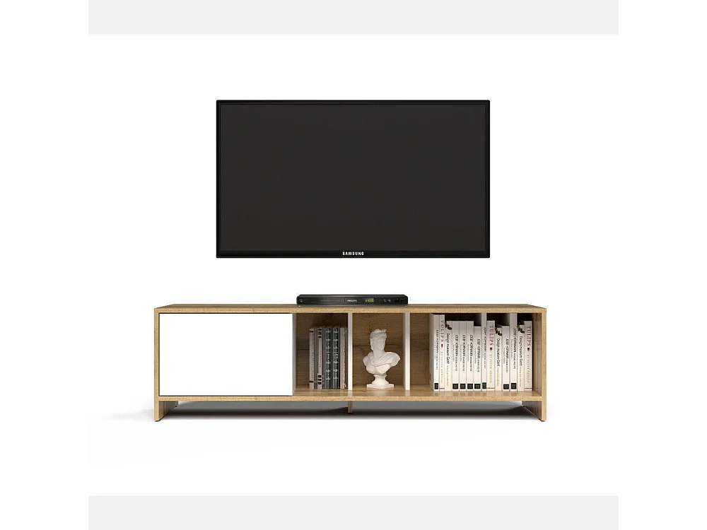 Módulo de TV con 1 Puerta – 140x40x40,5 cm, Color Roble Wotan y Blanco, Laminado Resistente, Diseño Moderno, Formato KIT