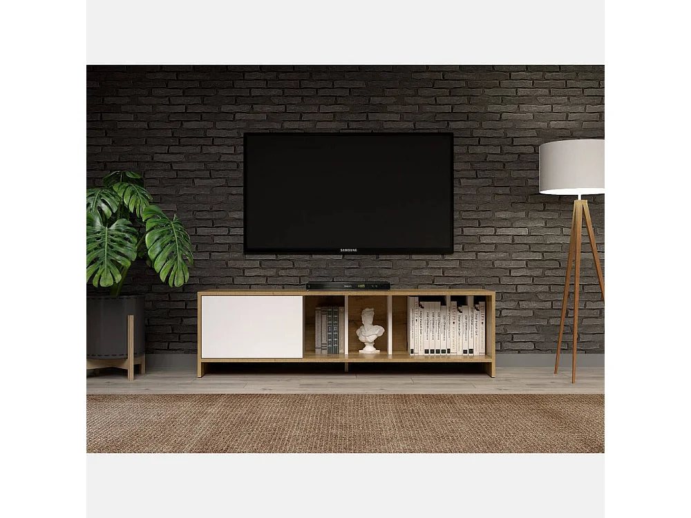 Módulo de TV con 1 Puerta – 140x40x40,5 cm, Color Roble Wotan y Blanco, Laminado Resistente, Diseño Moderno, Formato KIT