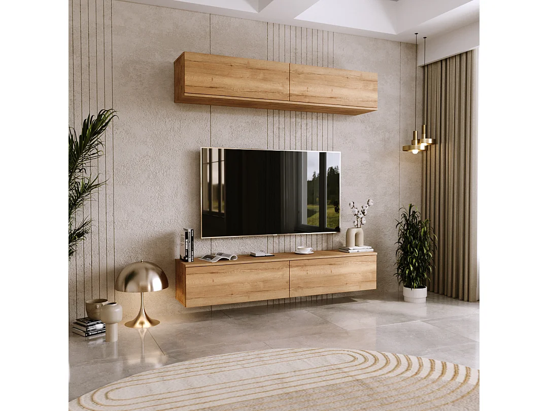 Mueble TV Roble Craft – Montaje Dual (Pared o Suelo) – 160x30x32 cm – Apertura TIP-ON – Estilo Moderno