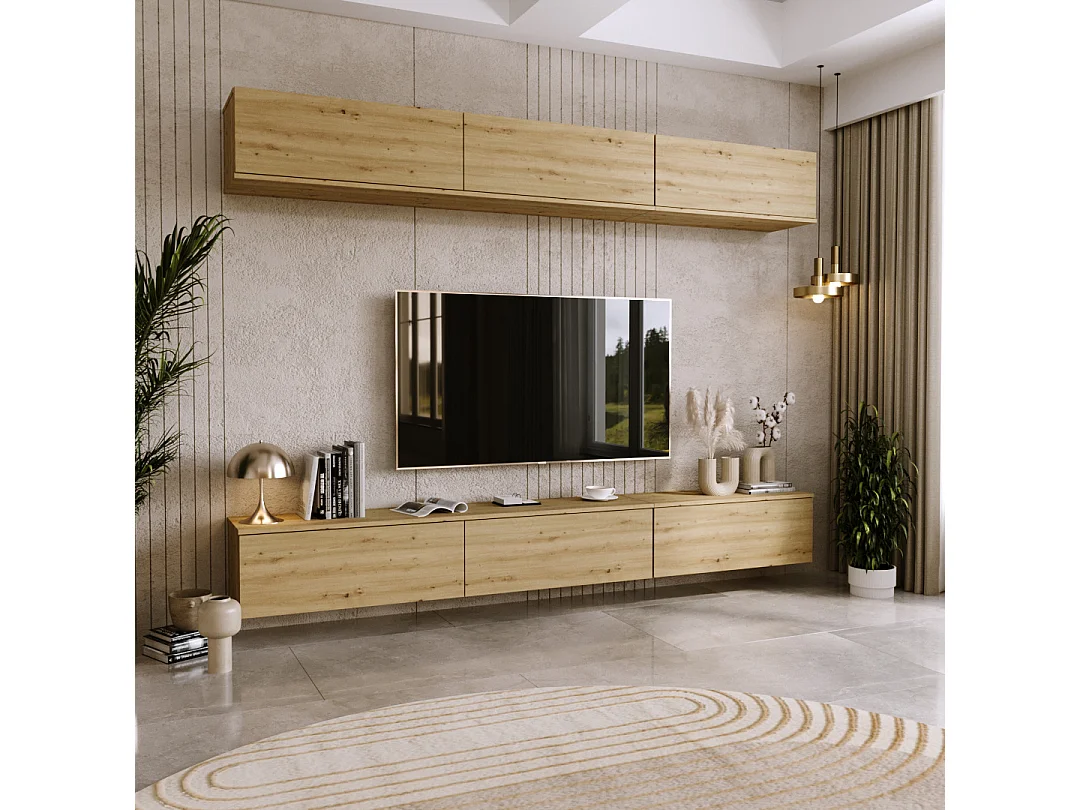 Mueble TV Roble Artesano – Montaje Dual (Pared o Suelo) – 80x30x32 cm – Apertura TIP-ON – Estilo Moderno