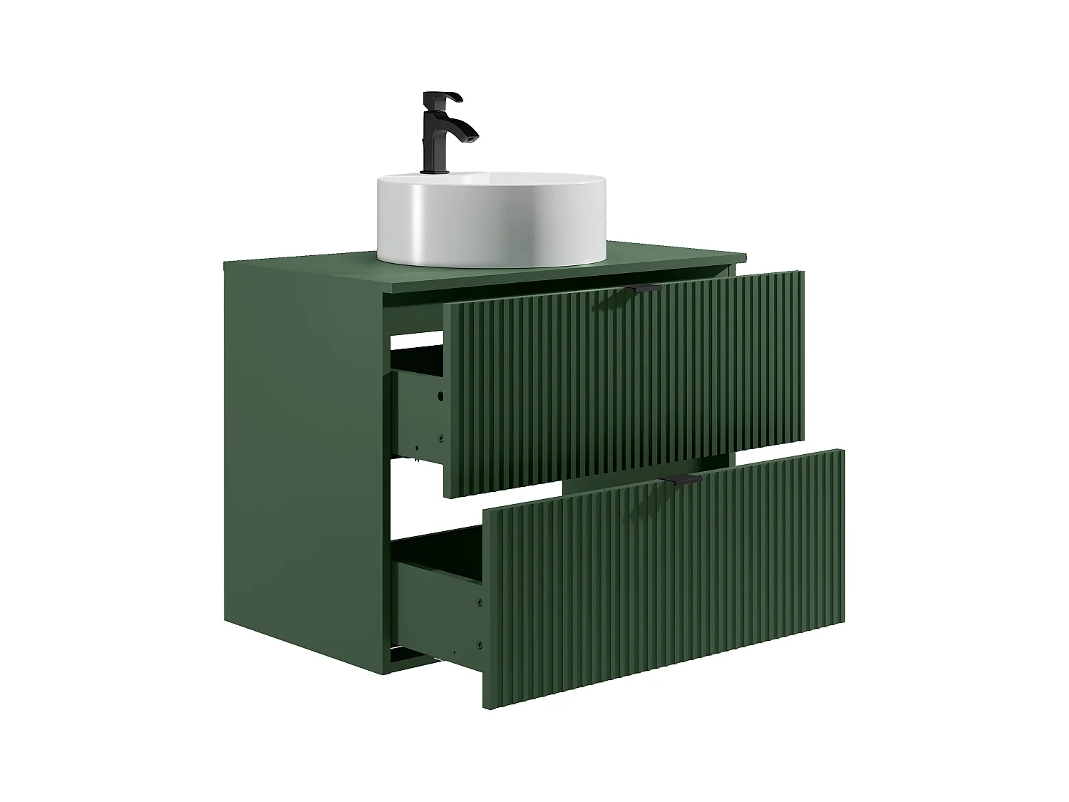Meuble de salle de bain suspendu strié avec vasque à poser ronde - Vert mat - 80 cm - ZEVINI