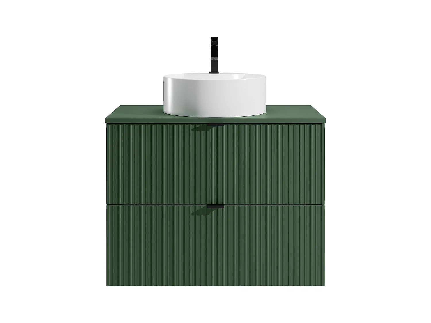 Meuble de salle de bain suspendu strié avec vasque à poser ronde - Vert mat - 80 cm - ZEVINI