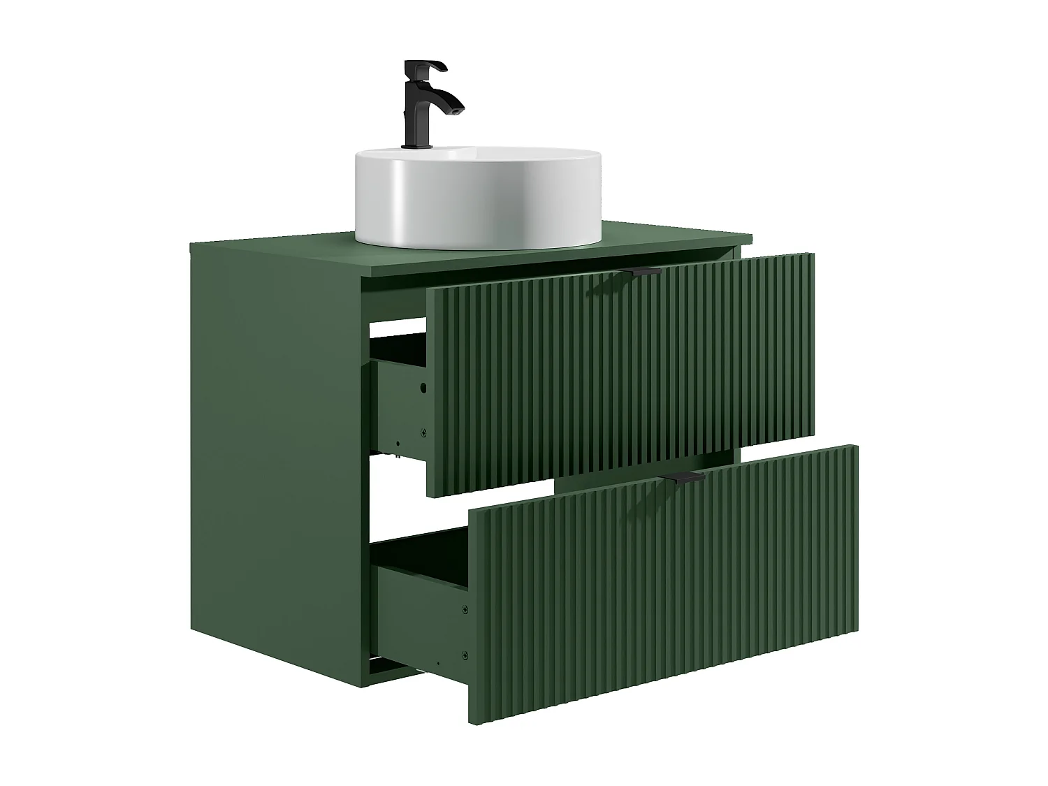 Meuble de salle de bain suspendu strié avec vasque à poser ronde - Vert mat - 80 cm - ZEVINI