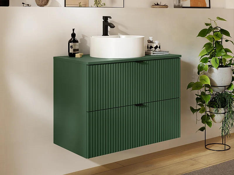 Mobile per bagno sospeso con scanalature con lavabo da appoggio rotondo - Verde opaco - 80 cm - ZEVINI