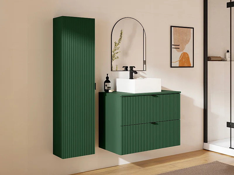 Meuble de salle de bain suspendu strié avec vasque à poser carrée et colonne - Vert  mat - 80 cm - ZEVINI