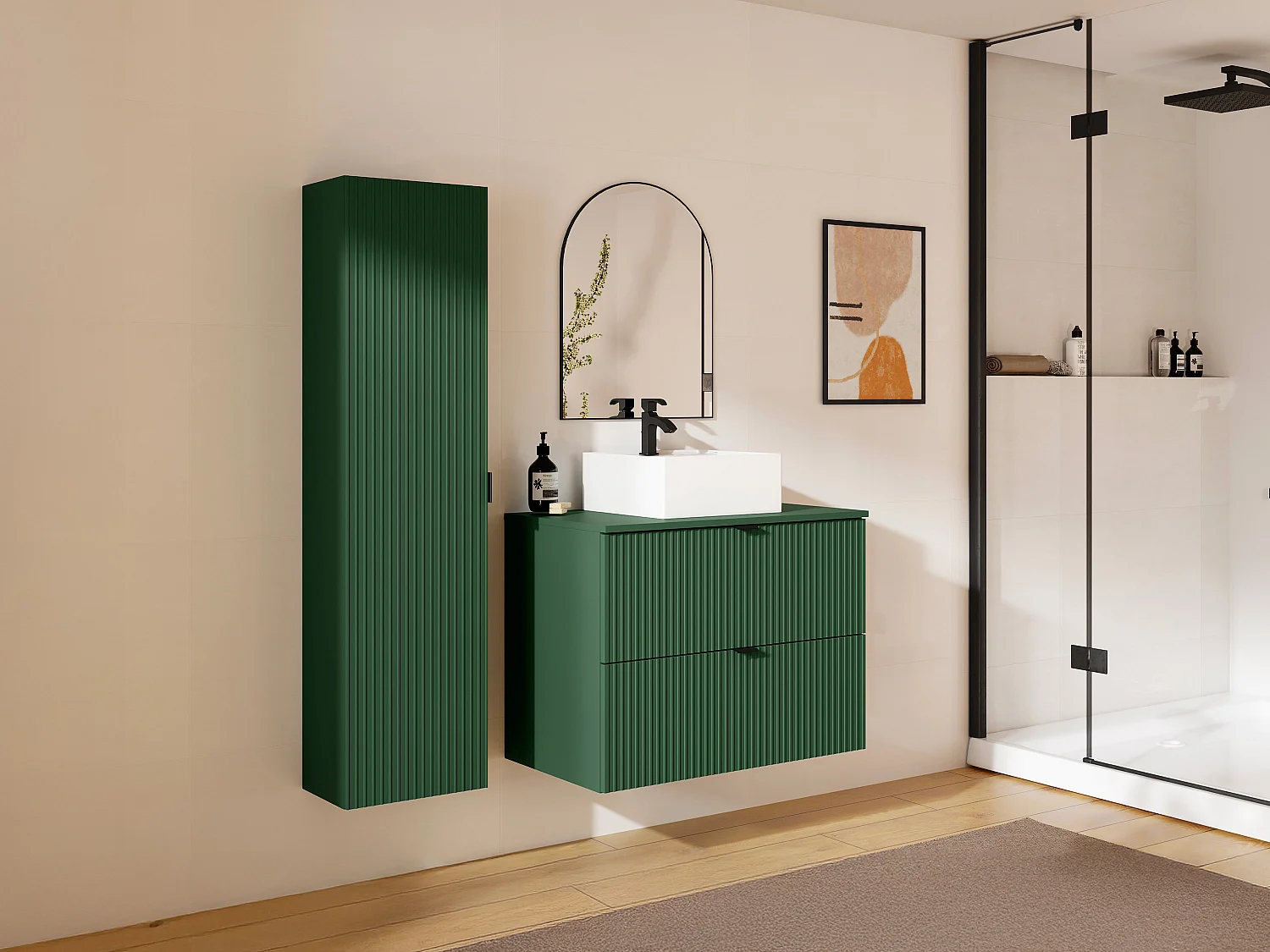 Meuble de salle de bain suspendu strié avec vasque à poser carrée et colonne - Vert  mat - 80 cm - ZEVINI