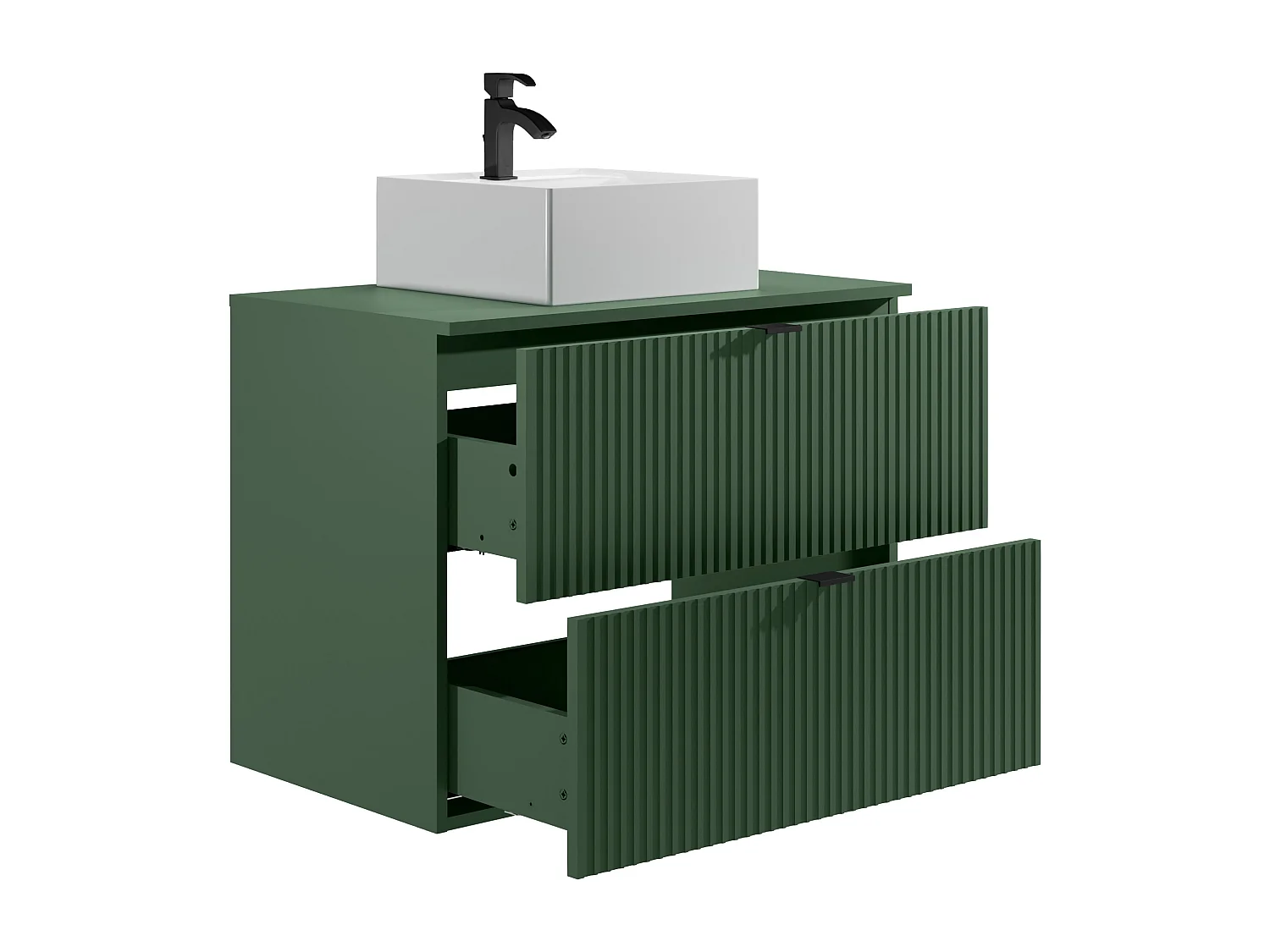 Meuble de salle de bain suspendu strié avec vasque à poser carrée et colonne - Vert  mat - 80 cm - ZEVINI