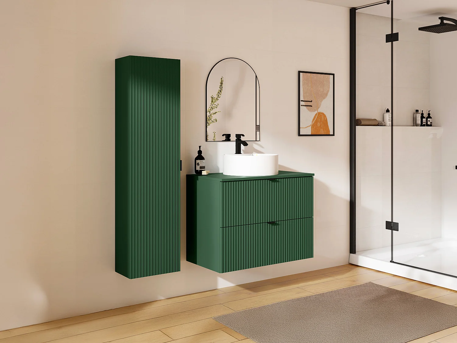 Meuble de salle de bain suspendu strié avec vasque à poser ronde et colonne - Vert mat - 80 cm - ZEVINI
