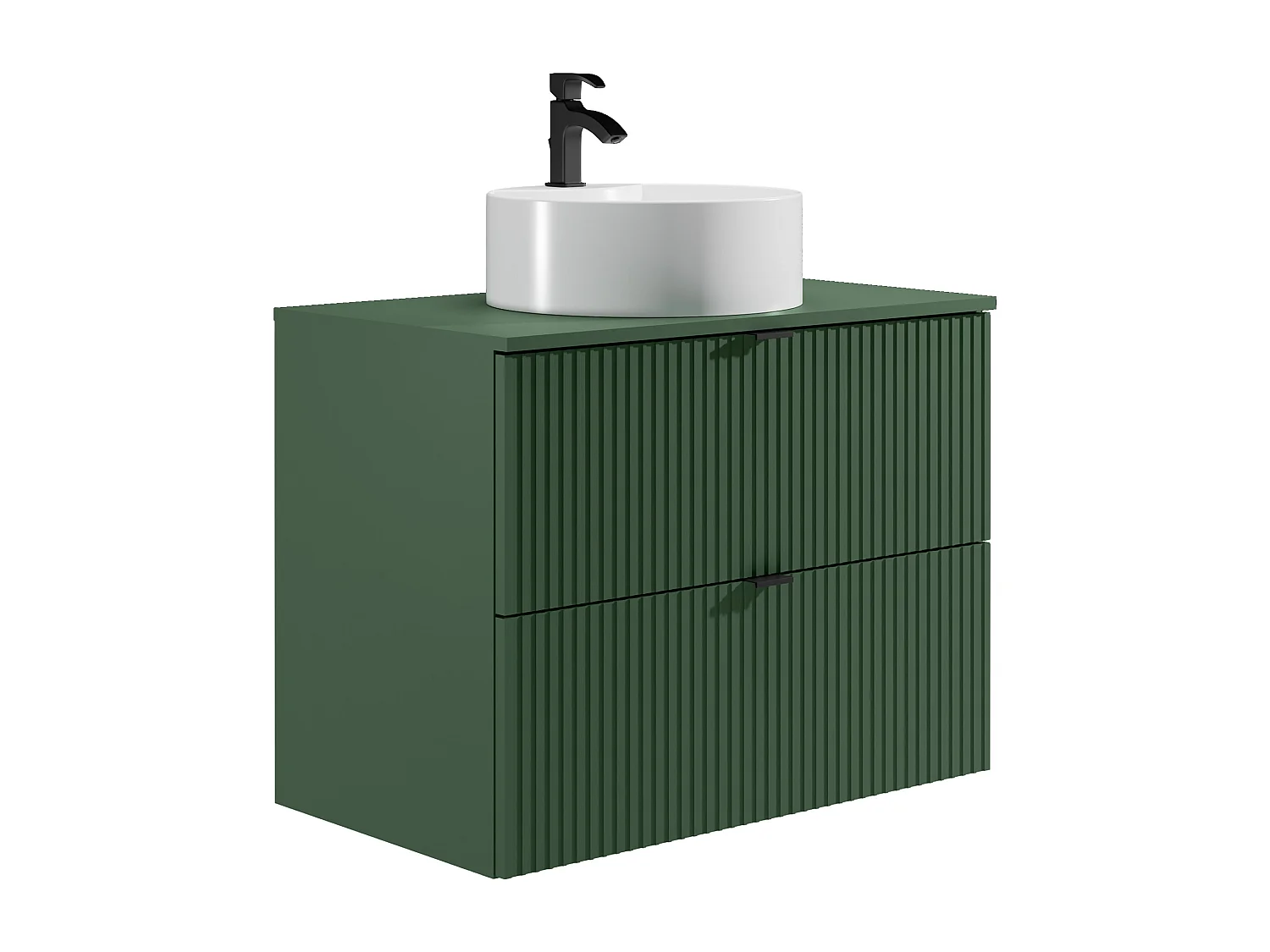 Meuble de salle de bain suspendu strié avec vasque à poser ronde et colonne - Vert mat - 80 cm - ZEVINI