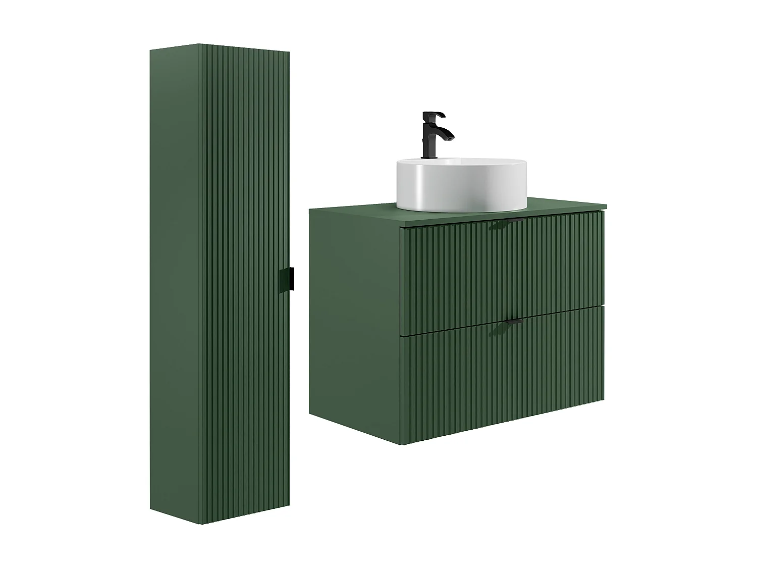 Meuble de salle de bain suspendu strié avec vasque à poser ronde et colonne - Vert mat - 80 cm - ZEVINI