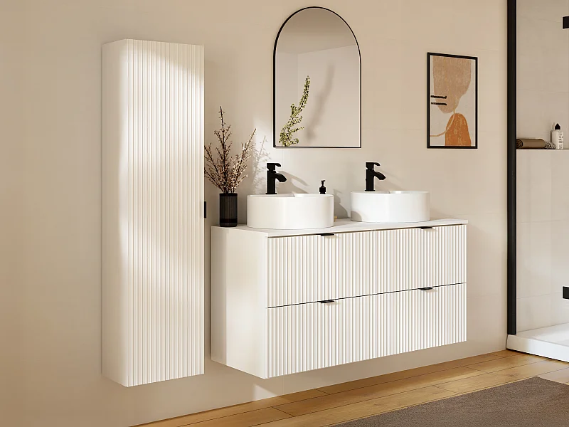 Meuble de salle de bain suspendu strié avec vasque à poser ronde et colonne - Blanc  mat - 120 cm - ZEVINI