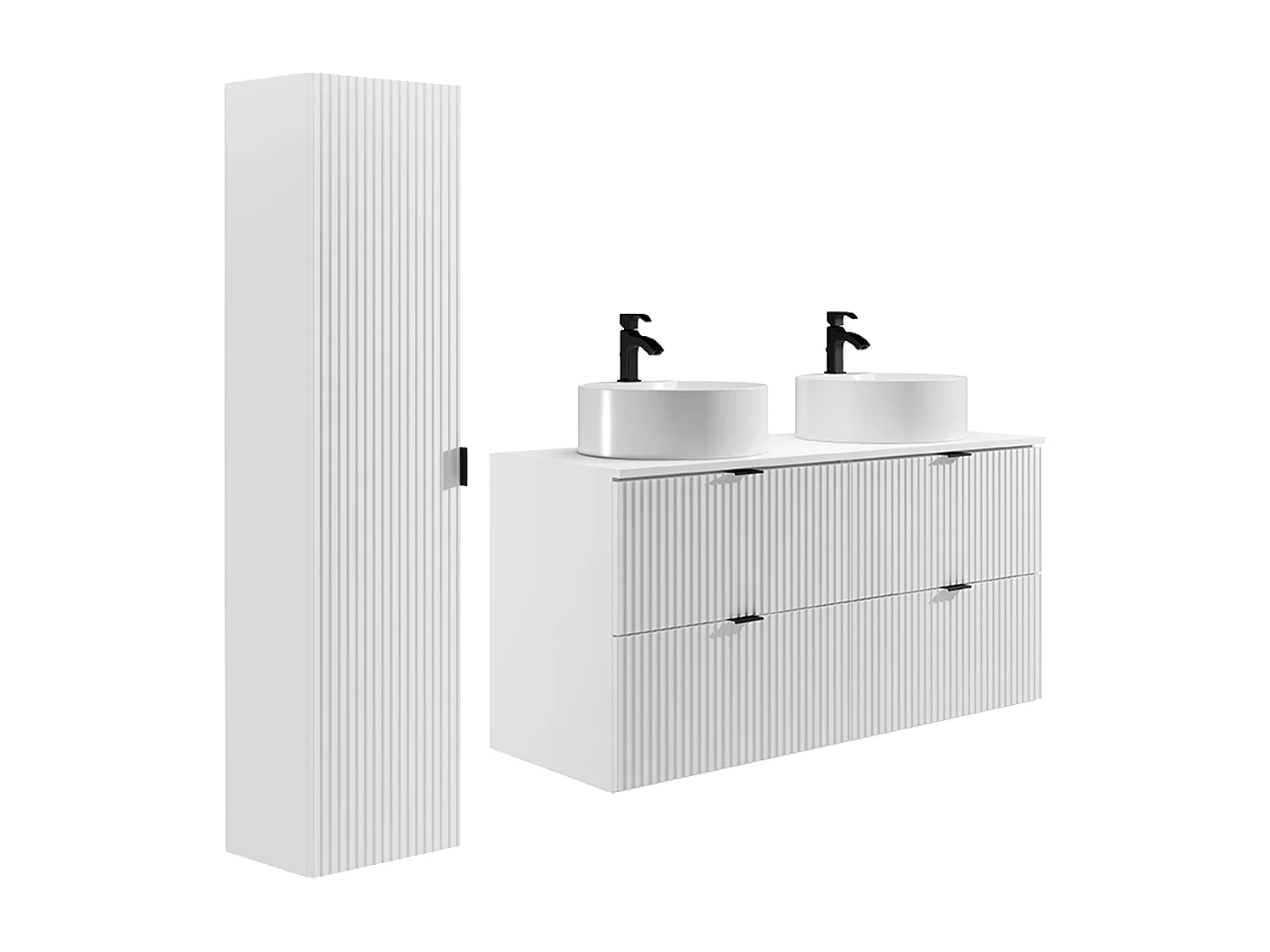 Meuble de salle de bain suspendu strié avec vasque à poser ronde et colonne - Blanc  mat - 120 cm - ZEVINI