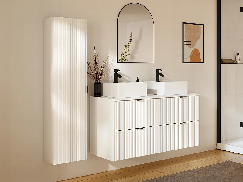Meuble de salle de bain suspendu strié avec vasque à poser carrée et colonne - Blanc  mat - 120 cm - ZEVINI